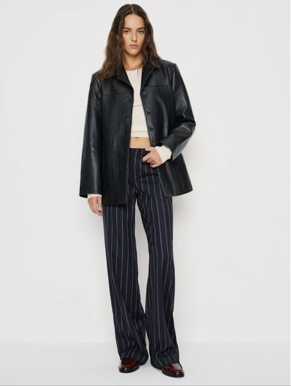 NWT Reformation Vida Low Rise Pant, Size 4, Navy with red pinstripes.